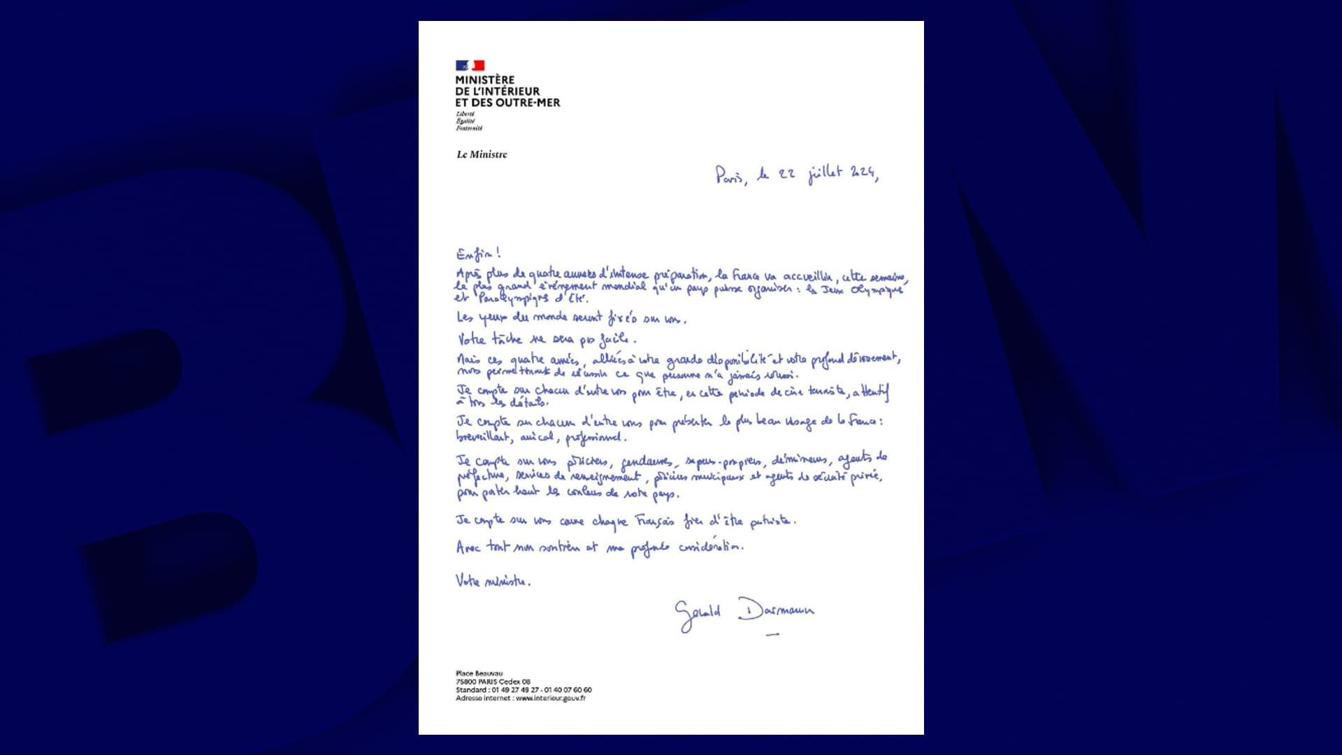 La lettre de Gérald Darmanin envoyée aux forces de l'ordre le 22 juillet 2024 avant les JO