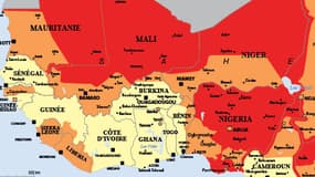 Une carte du Sahel diffusée le 22 septembre 2014 sur le site du Quai d'Orsay. En orange, les pays où les déplacements sont déconseillés sauf raison impérative. En rouge, les pays où les déplacements sont fortement déconseillés. 