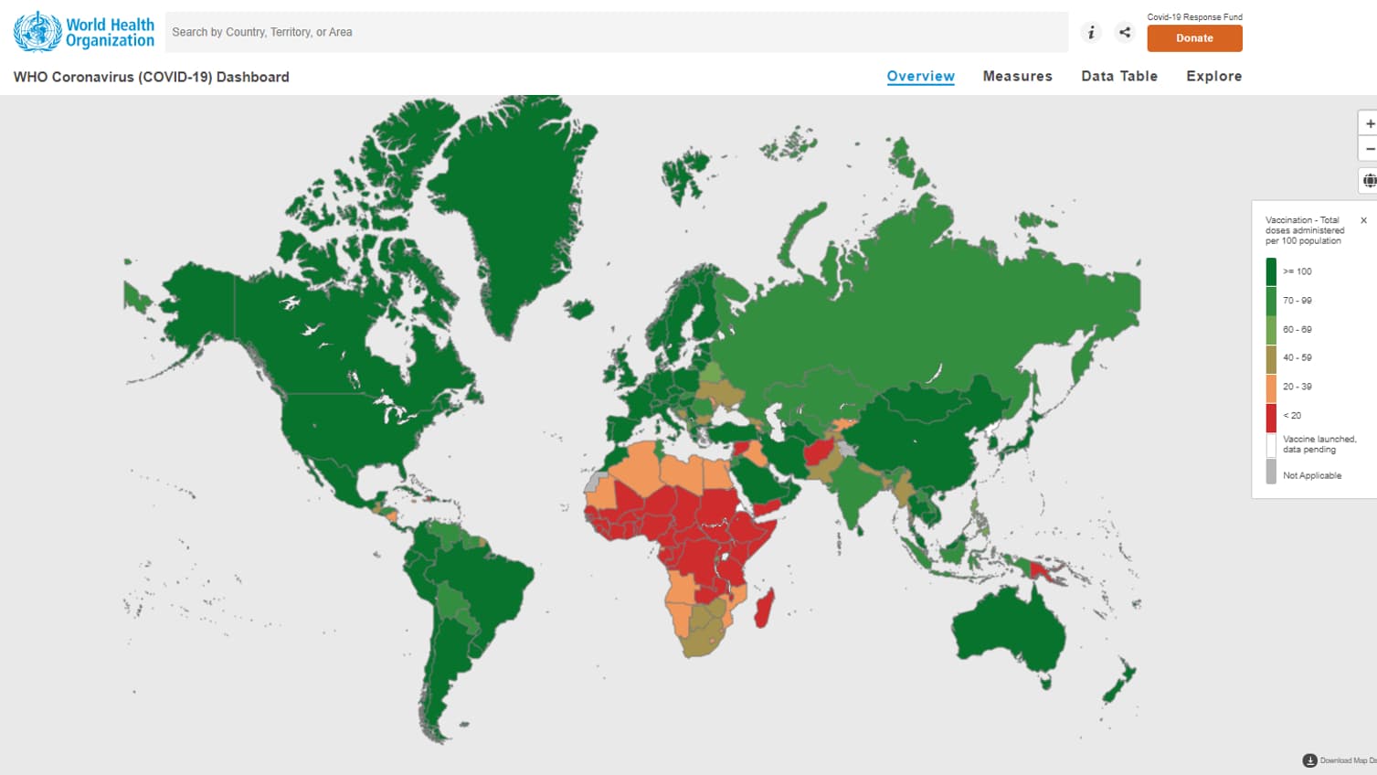 Capture écran d'une carte montrant la couverture vaccinale mondiale sur le site de l'Organisation mondiale de la santé au 26 novembre 2021.