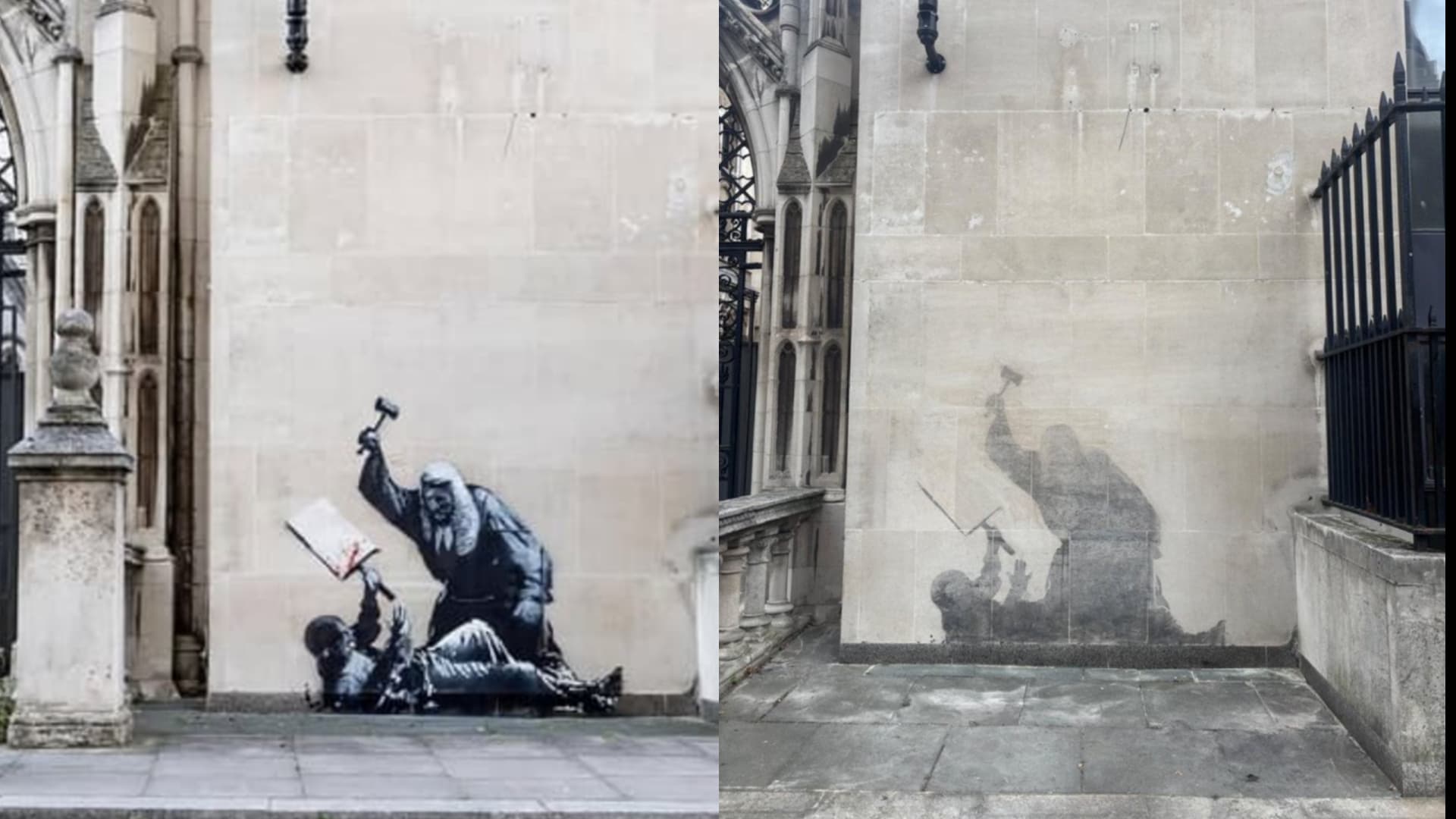 LA DERNIÈRE ŒUVRE DE BANKSY SUR LA FAÇADE DE LA COUR ROYALE DE JUSTICE EFFACÉE PAR LES AUTORITÉS BRITANNIQUES
