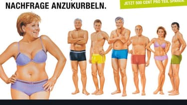 Angela Merkel, dessinée en sous-vêtement sur une affiche de 100 mètres carré placardée en plein Berlin, ne moufte pas.
