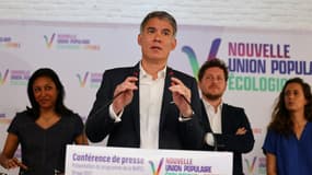 Le premier secrétaire du Parti socialiste (PS)Olivier Faure lors de la présentation du programme de la NUPES le 19 mai à Paris
