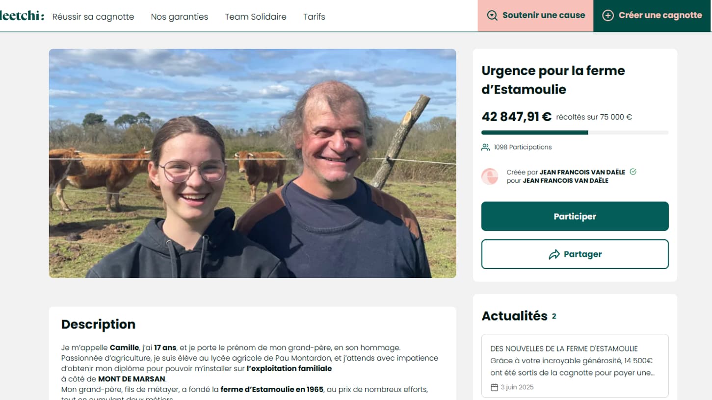 Capture de la cagnotte Leetchi d'une ado pour sauver la ferme de son père