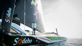 Le navigateur français Thomas Coville à bord de son Ultime Sodebo, avant la Transat Jacques Vabre, le 12 octobre 2021, à Lorient (France)