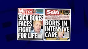 Les unes du "Mirror" et du "Sun", le 7 avril 2020, au lendemain de l'annonce de l'admission en soins intensifs de Boris Johnson, malade du Covid-19.