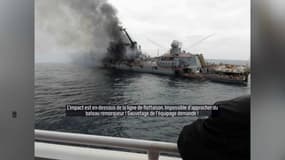 Le croiseur russe Moskva, photographié en flammes, avant de couleur dans la mer Noire jeudi 14 avril 2022.