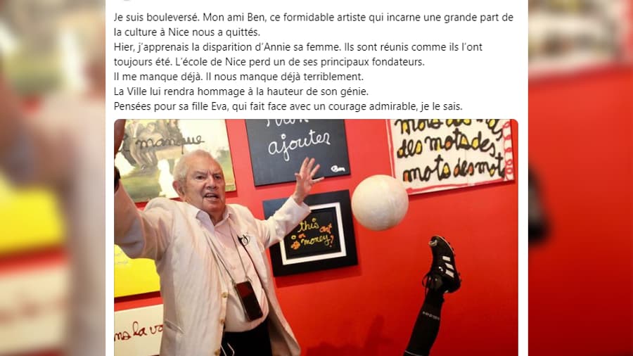 Christian Estrosi, maire de Nice, a réagi ce 5 juin 2024 sur Threads à la mort de l'artiste Ben
