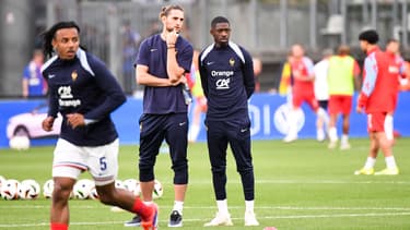 Jules Koundé, Adrien Rabiot et Ousmane Dembélé à l'entraînement avec l'équipe de France, 5 juin 2024
