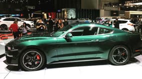 La série limitée 'Bullitt' de la Ford Mustang, exposée au salon automobile de Genève (Suisse).