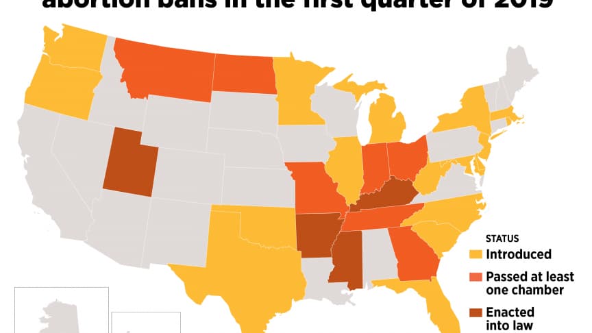 Carte des 28 États américains ayant promulgué des lois durcissant l'avortement lors du premier trimestre 2019. Carte des 28 États américains ayant promulgué des lois durcissant l'avortement lors du premier trimestre 2019.