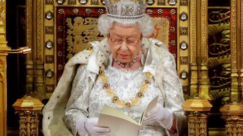 La reine prononçant un discours devant le Parlement le 14 octobre 2019.