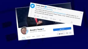 Captures d'écran du compte Facebook de Donald Trump, accompagné du message d'alerte de Twitter.
