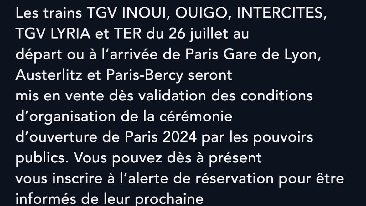 Message de SNCF Voyageurs concernant les réservations pour le 26 juillet