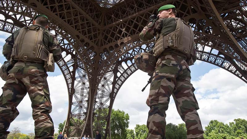 Des militaires de l'opération sentinelle sous la tour Eiffel (illustration).