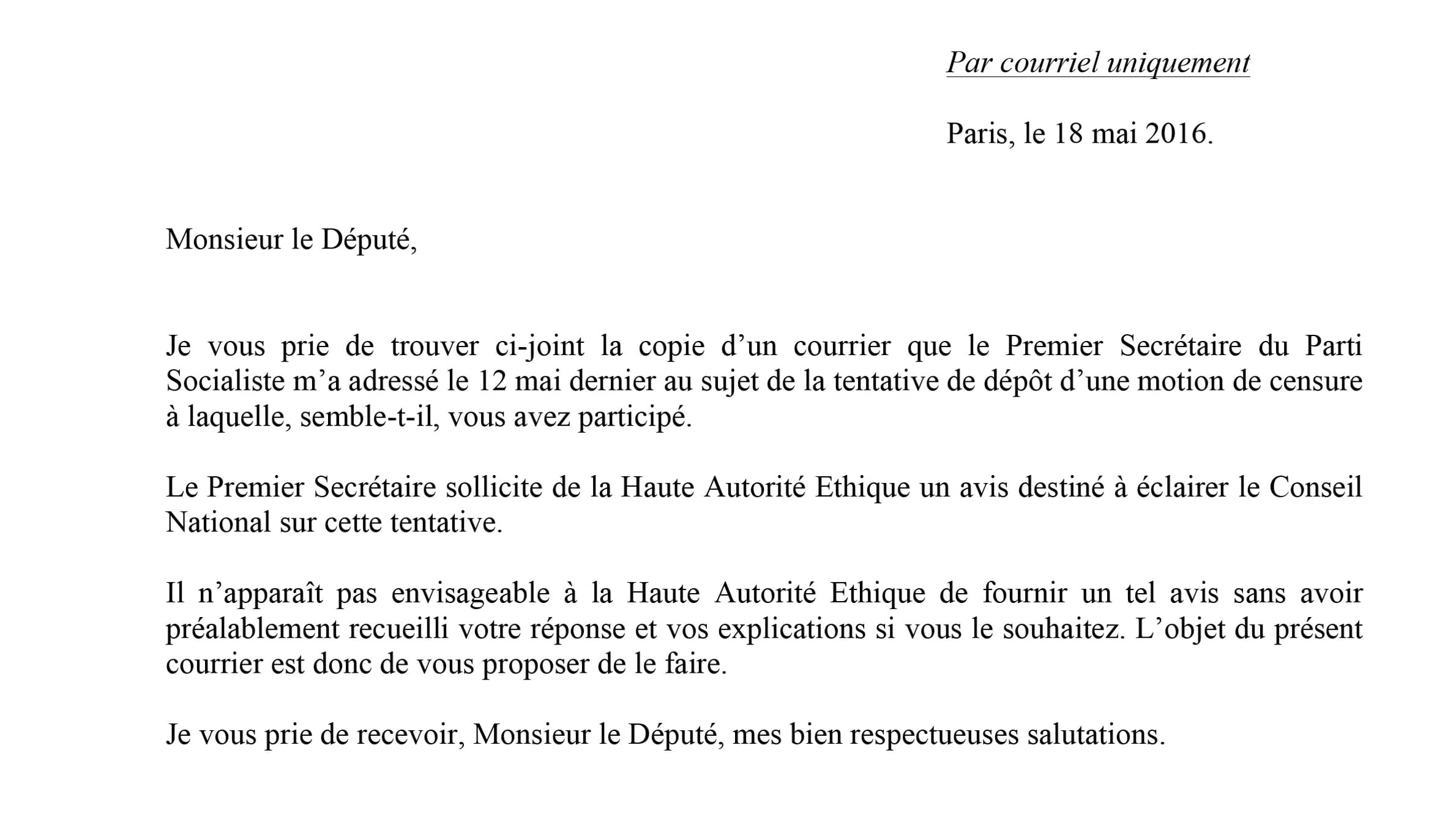 La lettre de la haute autorité éthique aux 25 députés PS qui voulaient signer la motion de censure des gauches. 