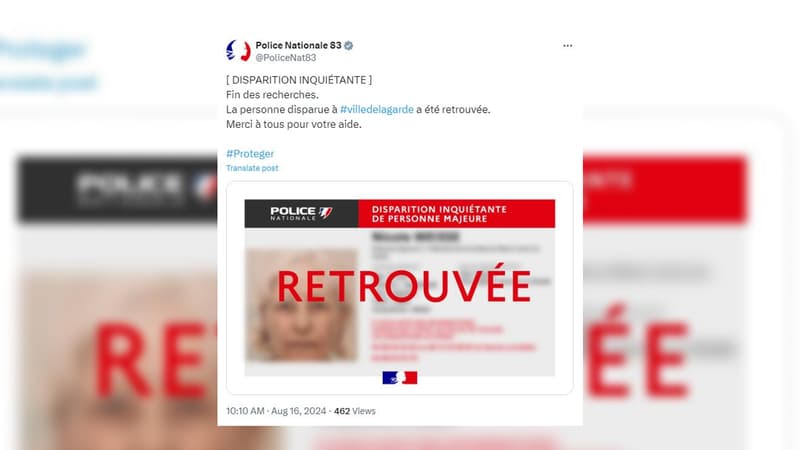 La septuagénaire, disparue depuis le 11 août à La Garde (Var), a été retrouvée.