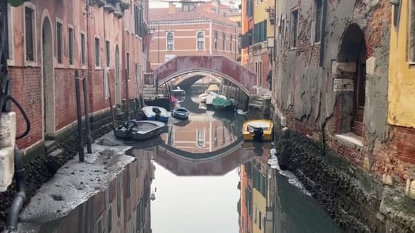 Des gondoles à Venise, en Italie, alors que le niveau des canaux est anormalement bas 