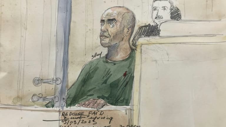 Croquis d'audience de Rédoine Faïd à l'ouverture de son procès le 5 septembre 2023, à Paris. (Photo d'illustration)
