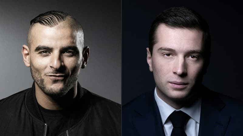 Le rappeur Fianso (à gauche) et le président du Rassemblement national Jordan Bardella (à droite).