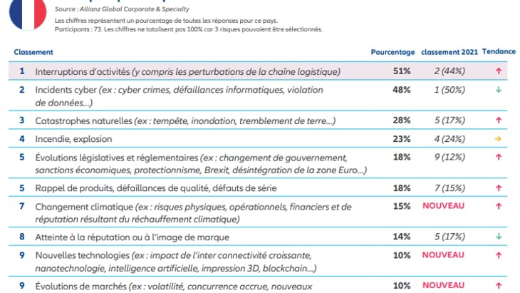 Les 10 principaux risques en France perçus par les entreprises