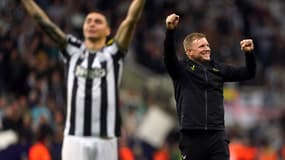 Eddie Howe célèbre la victoire de Newcastle face au PSG (4-1), le 5 octobre 2023 en Ligue des champions
