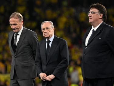 Florentino Perez, président du Real Madrid, aux côtés du dirigeant de Dortmund avant la finale de Ligue des champions, 1er juin 2024