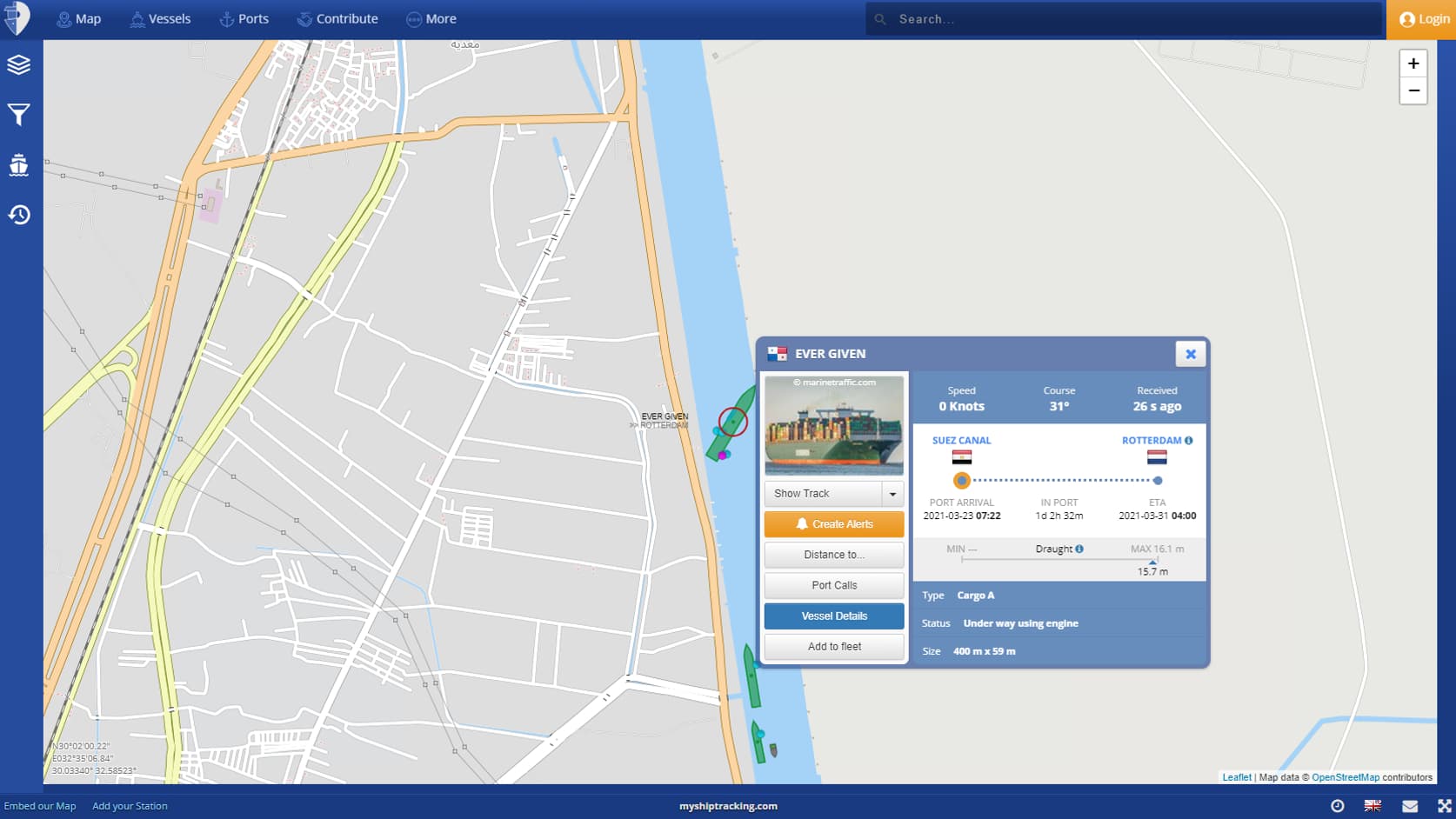 Capture d'écran du site de surveillance maritime myshiptracking.com Capture d'écran du site de surveillance maritime myshiptracking.com