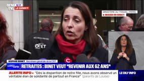 Retraites: "L'objectif de la CGT est d'abroger cette réforme injuste et violente et de revenir aux 62 ans, et ensuite aux 60 ans", indique Sophie Binet