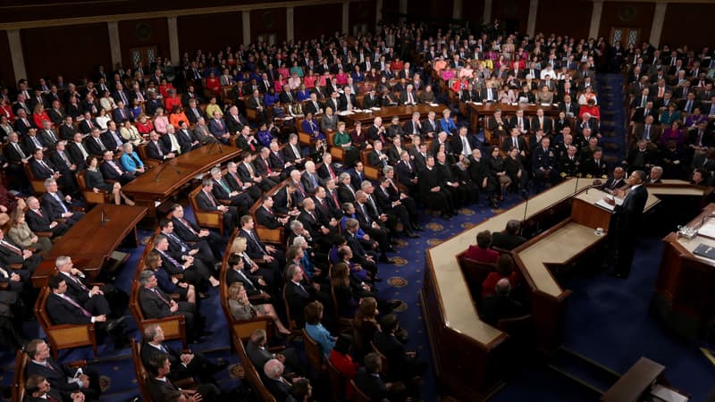 Barack Obama prononce son discours sur l'état de l'Union, le 20 janvier 2015, au Capitole. 