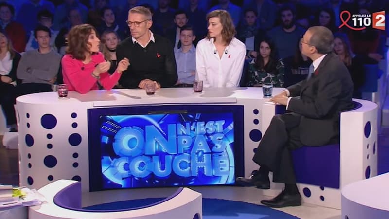 La journaliste Isabelle Saporta, les acteurs Lambert Wilson et Céline Sallette, et le député Hervé Mariton, sur le plateau de l'émission On n'est pas couché, samedi 25 mars.