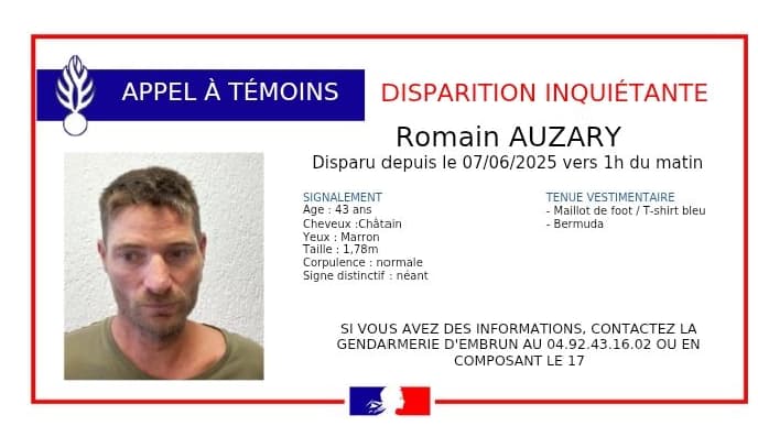 Romain Auzary, âgé de 43 ans, est disparu depuis vendredi 6 juin, après avoir participé à l'Outdoomix, au plan d'eau d'Embrun.