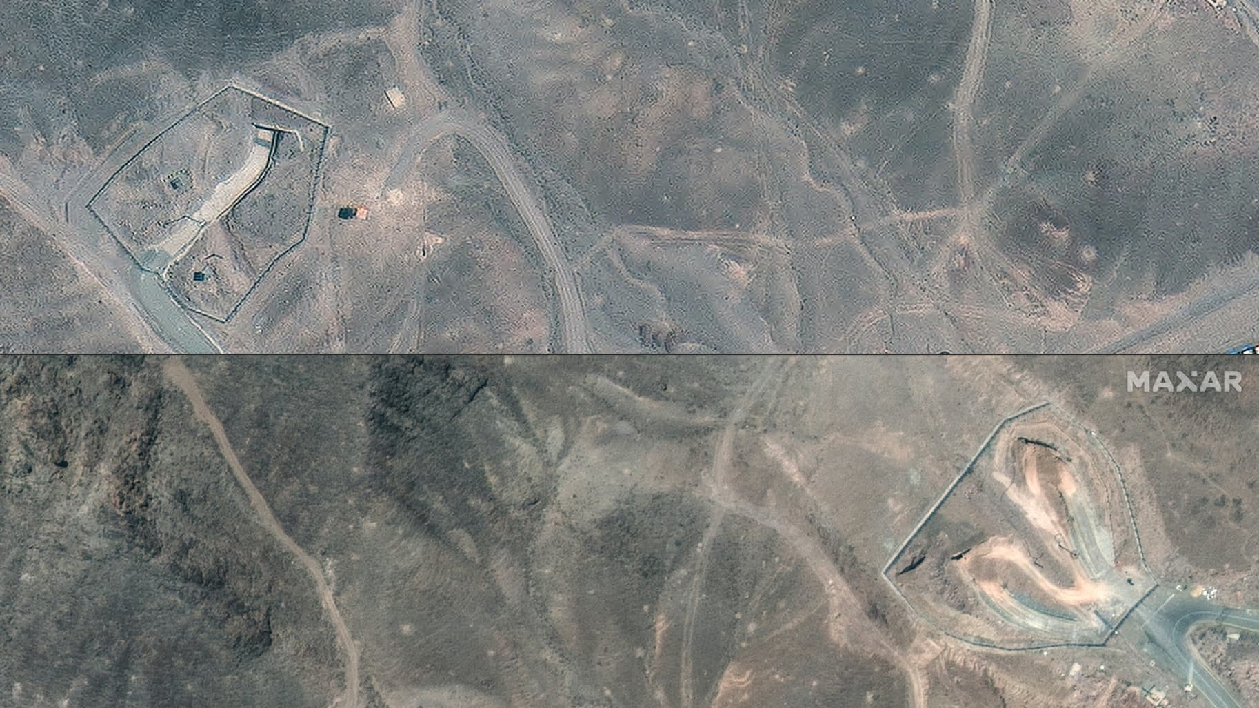 This combination of satellite images shows the Iranian fuel enrichment factory in Fordo on June 19, 2025 (above), and on June 22, 2025 (below), after Americans attack on the site. This combination of satellite images shows the Iranian fuel enrichment factory in Fordo on June 19, 2025 (above), and on June 22, 2025 (below), after Americans attack on the site.