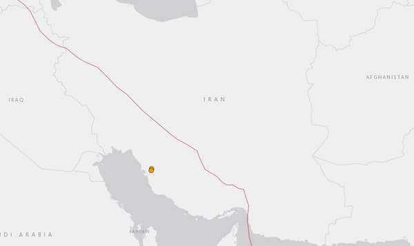 Les deux points orange au sud-ouest de l'Iran représentent la zone du séisme du mercredi 8 janvier 2020 Les deux points orange au sud-ouest de l'Iran représentent la zone du séisme du mercredi 8 janvier 2020