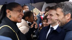 Marie-José Pérec, Emmanuel Macron et Tony Estanguet en février 2024