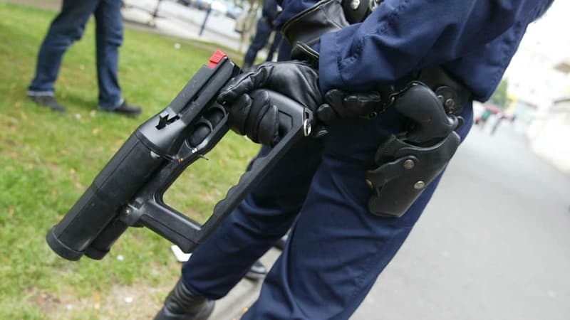 Un membre du groupement d'intervention régionale (GIR) des Hauts-de-Seine en possession d'un flashball dans le quartier Pablo Picasso, à Nanterre.