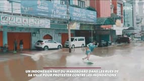 Un Indonésien fait du wakeboard en pleine rue après les inondations