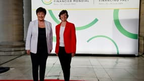 La directrice générale du FMI Kristalina Georgieva et la ministre des Affaires étrangères Catherine Colonna au Palais Brogniart à Paris le 22 juin 2023