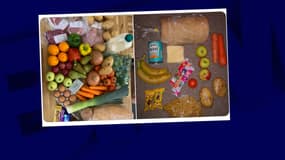 Des photos des courses possibles avec les bons d'achats de 30£ à gauche, et avec les paniers repas préparés d'une valeur de 30£ à droite.