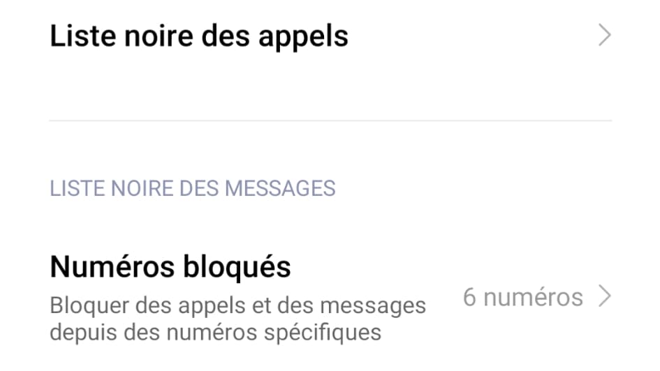 Capture d'écran de l'accès à la liste des numéros bloqués Capture d'écran de l'accès à la liste des numéros bloqués
