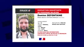 Capture d'écran de l'avis de recherche, police nationale du Doubs (25). Damien Defontaine, 37 ans, n'a plus donné de signe de vie depuis le samedi 12 juillet 2025.