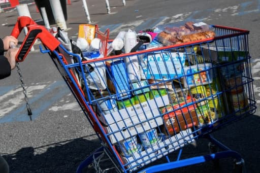 Un chariot rempli à la sortie d'un supermarché à Drancy, le 15 avril 2020 pendant le confinement instauré en France Un chariot rempli à la sortie d'un supermarché à Drancy, le 15 avril 2020 pendant le confinement instauré en France