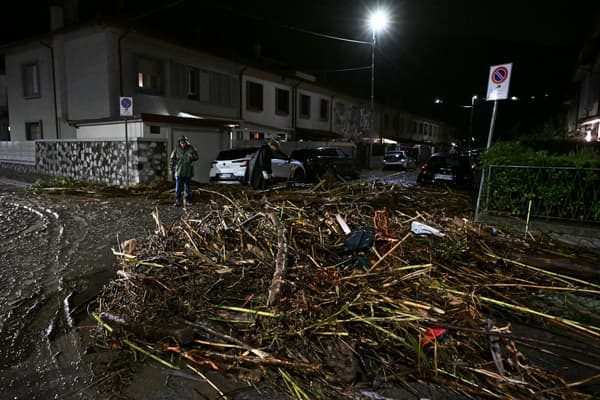 Des arbres déracinés et emportés par l'eau le 2 novembre 2023 à Santa Lucia, commune de Prato, en Toscane (Italie), après le passage de la tempête Ciaran