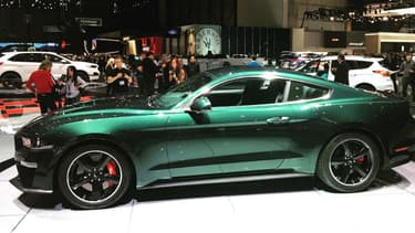 La série limitée 'Bullitt' de la Ford Mustang, exposée au salon automobile de Genève (Suisse).