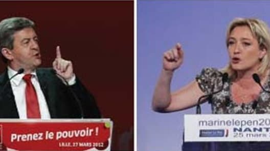 La guerre entre Marine Le Pen et Jean-Luc Mélenchon se poursuit sans relâche à coups de propos cinglants avec pour enjeu la troisième position dans les sondages pour le premier tour de l'élection présidentielle. /Photos prises les 27 et 25 mars 2012/REUTE