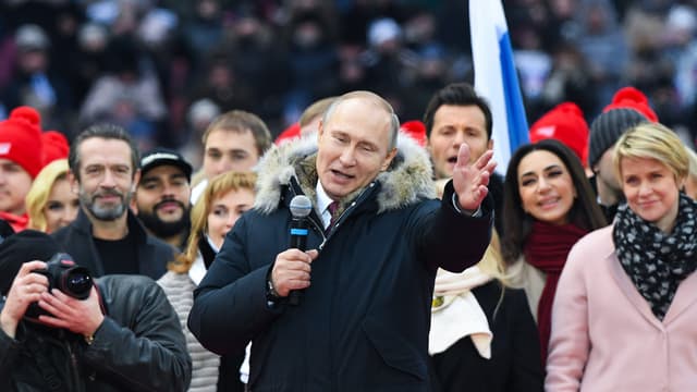 Le président russe Vladimir Poutine lors d'un meeting de soutien à sa candidature à Moscou, le 3 mars 2018.
