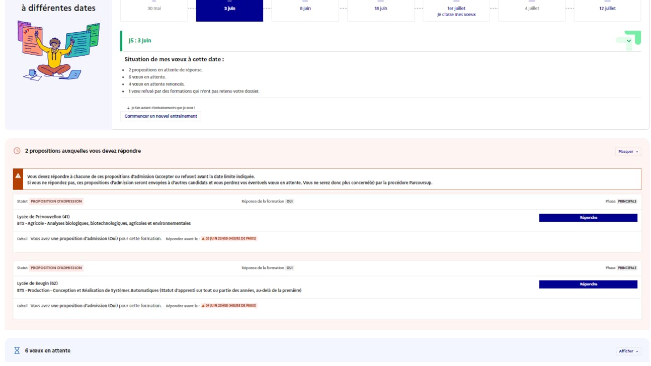 Simulation d'une procédure d'admission sur le site d'entraînement Parcoursup. 