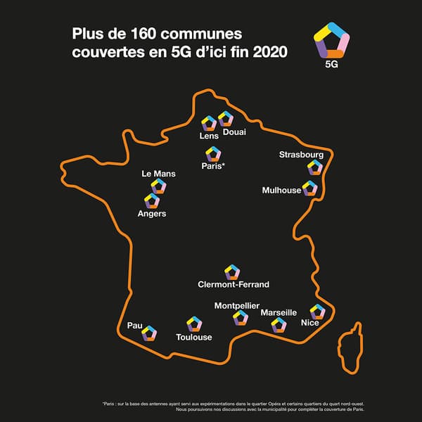 Carte des principales villes couvertes par Orange en 5G avant la fin de l'année 2020