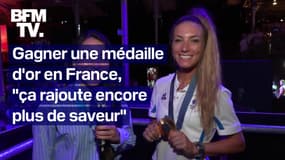 La réaction de la Française, Pauline Ferrand-Prévot, après sa médaille d'or en VTT cross-country 