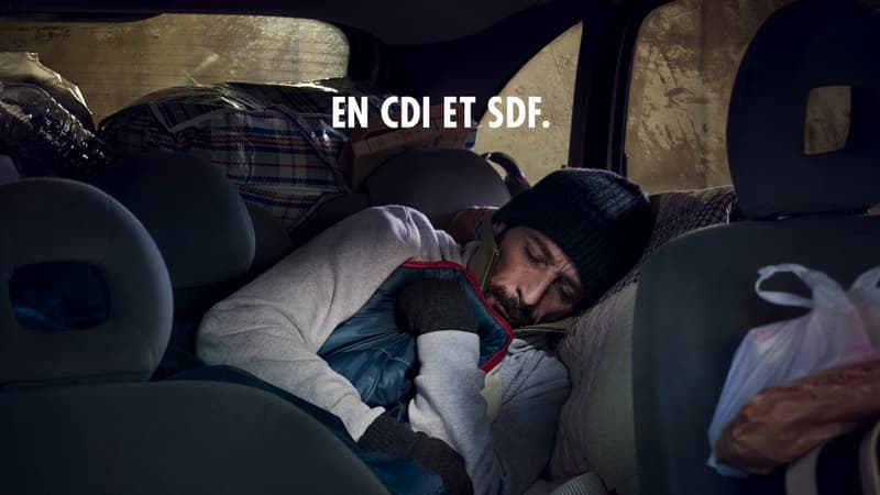 "En CDI et SDF", l'une des affiches de la nouvelle campagne de la Fondation Abbé Pierre.