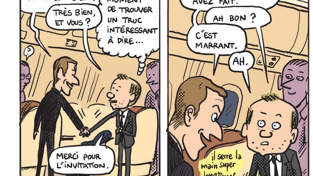 Emmanuel Macron accueillant Mathieu Sapin à bord de l'avion présidentiel Emmanuel Macron accueillant Mathieu Sapin à bord de l'avion présidentiel